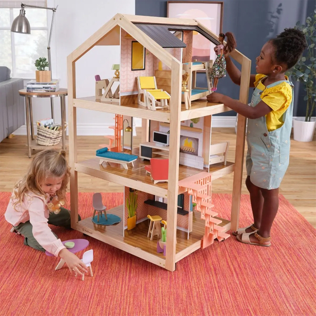 Removable Wooden Three - Story Dollhouse with Furniture