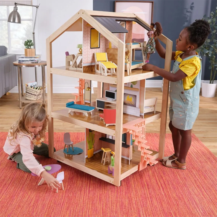 Removable Wooden Three - Story Dollhouse with Furniture