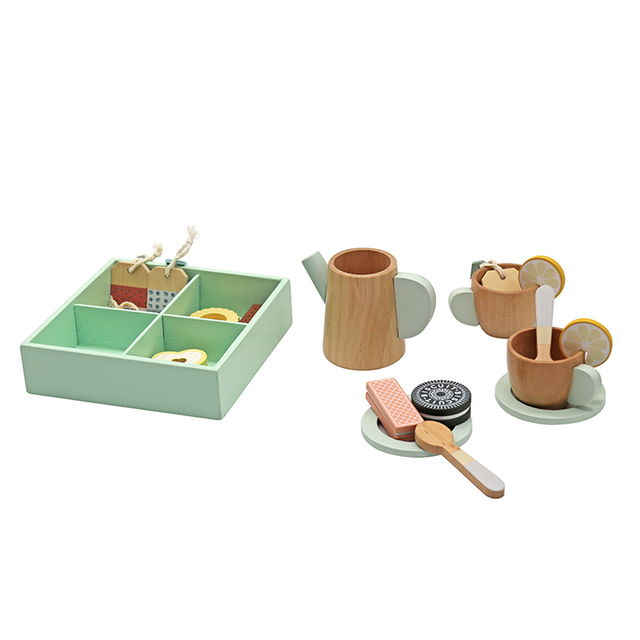 Wooden Tea Party Set for Kids with Snacks and Storage Box