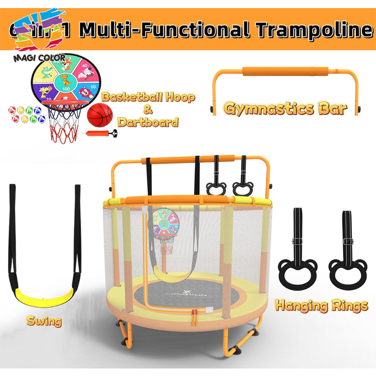 Kids Indoor Trampoline with Safety Net, Basketball Hoop & Gym Rings