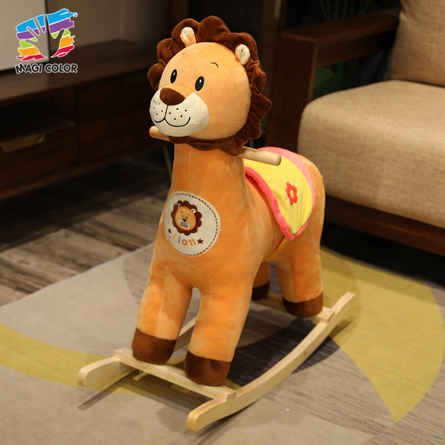 Orange Lion Plush Rocking Toy with Wooden Base for Kids