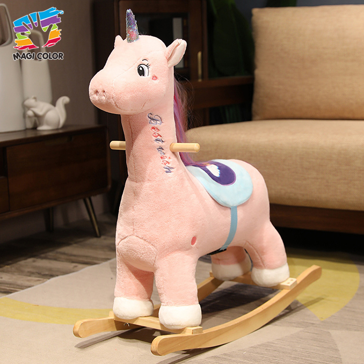 Pink Unicorn Plush Rocking Toy with Wooden Base for Kids