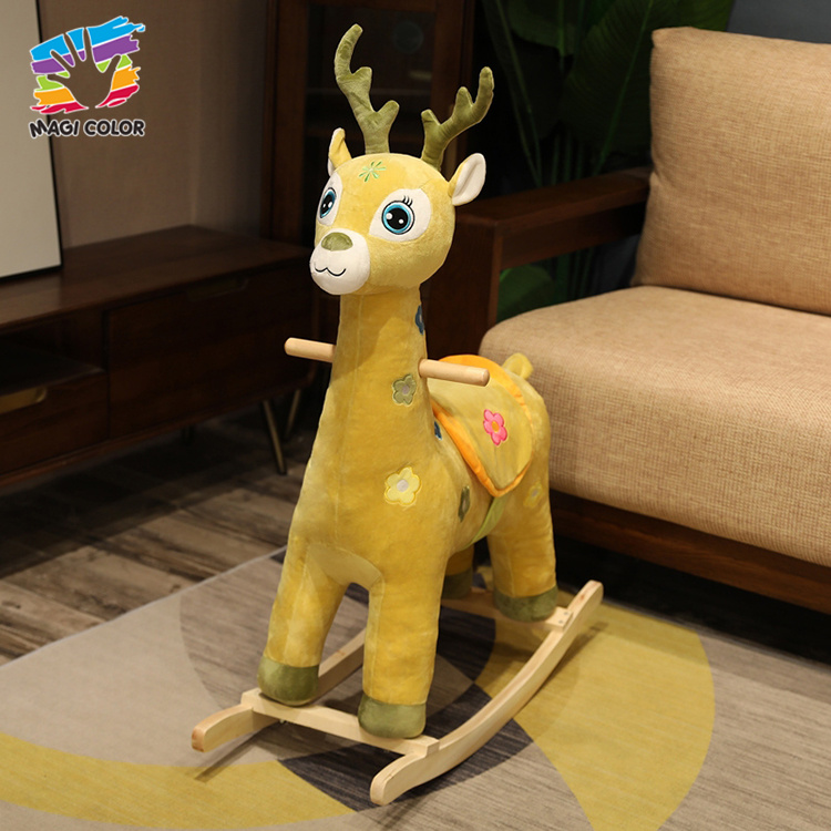 Yellow Floral Deer Plush Rocking Toy with Wooden Base for Kids