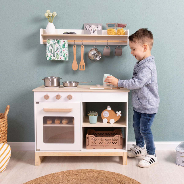 Kids Wooden Kitchen Set with Storage & Hanging Utensils
