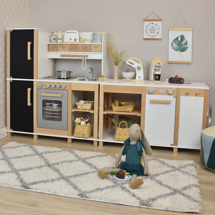 Large Wooden Kids Play Kitchen Set with Laundry Appliance and Chalkboard Refrigerator