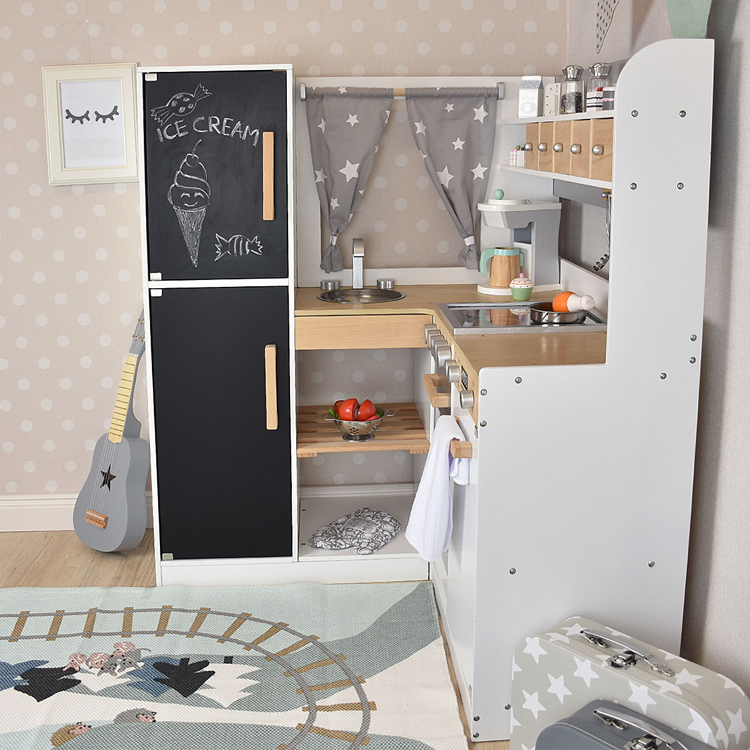  Wooden L-Shaped Kids Play Kitchen Set with Chalkboard Refrigerator