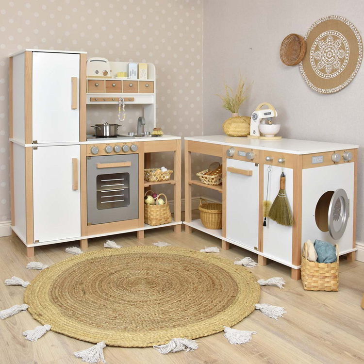 Large Wooden Kids Play Kitchen Set with Laundry Appliance and Storage