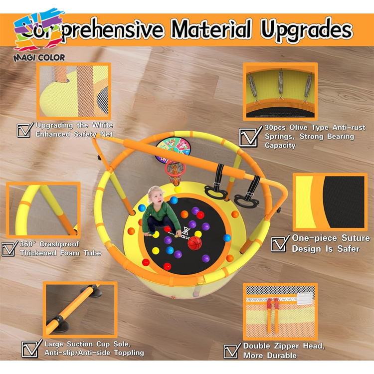 Kids Indoor Trampoline with Safety Net, Basketball Hoop & Gym Rings