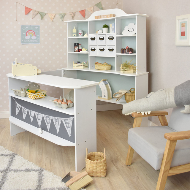 Wooden Kids Grocery Shop Pretend Play Set with Storage and Chalkboard