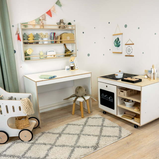 Wooden Convertible Kids Play Kitchen And Storage Rack, Dining Table 