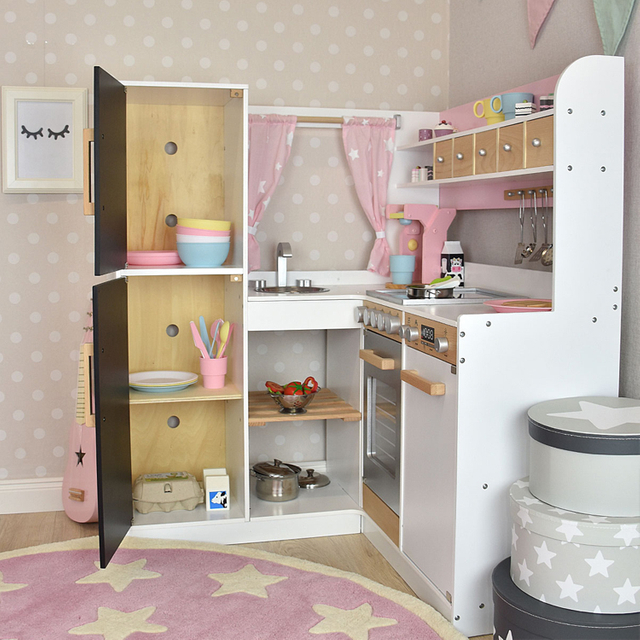 Pink Wooden L-Shaped Kids Play Kitchen Set with Chalkboard
