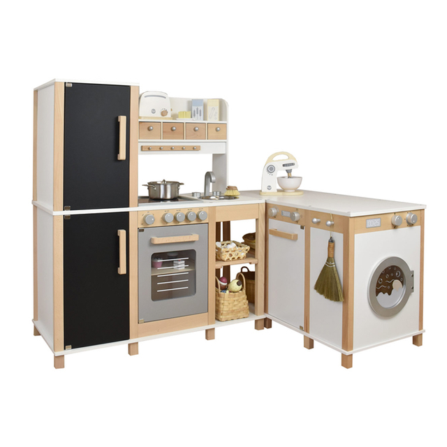 Large Wooden Kids Play Kitchen Set with Laundry Appliance and Chalkboard Refrigerator