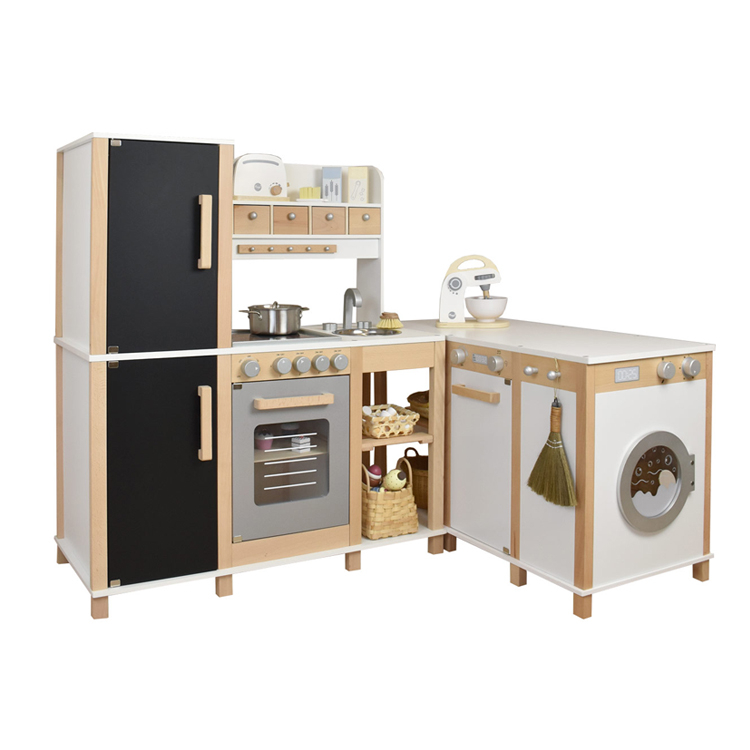 Large Wooden Kids Play Kitchen Set with Laundry Appliance and Chalkboard Refrigerator