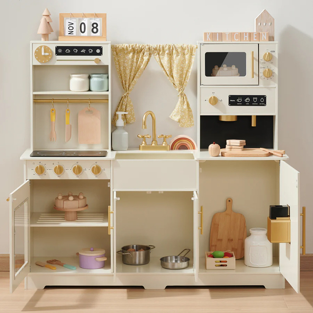 Wooden Kids Play Kitchen Set with Realistic Appliances