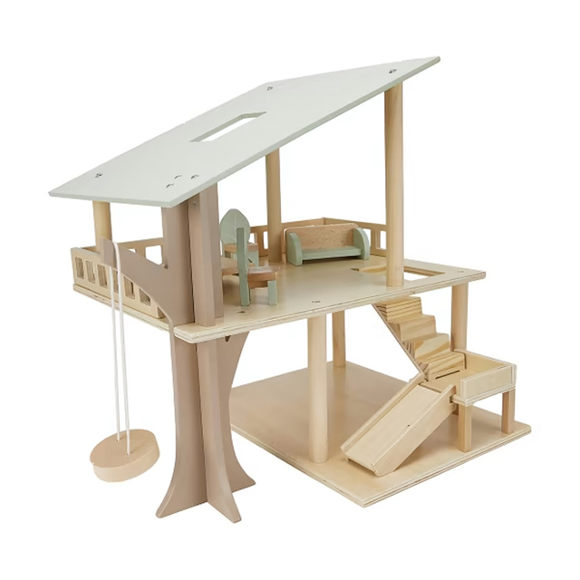 Wooden Tree House Dollhouse with Swing & Slide 