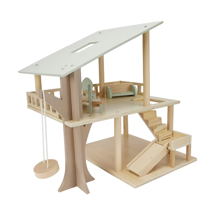 Wooden Tree House Dollhouse with Swing & Slide 