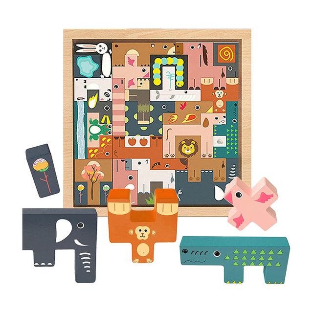 Wooden Animal Puzzle Toy with Shaped Blocks
