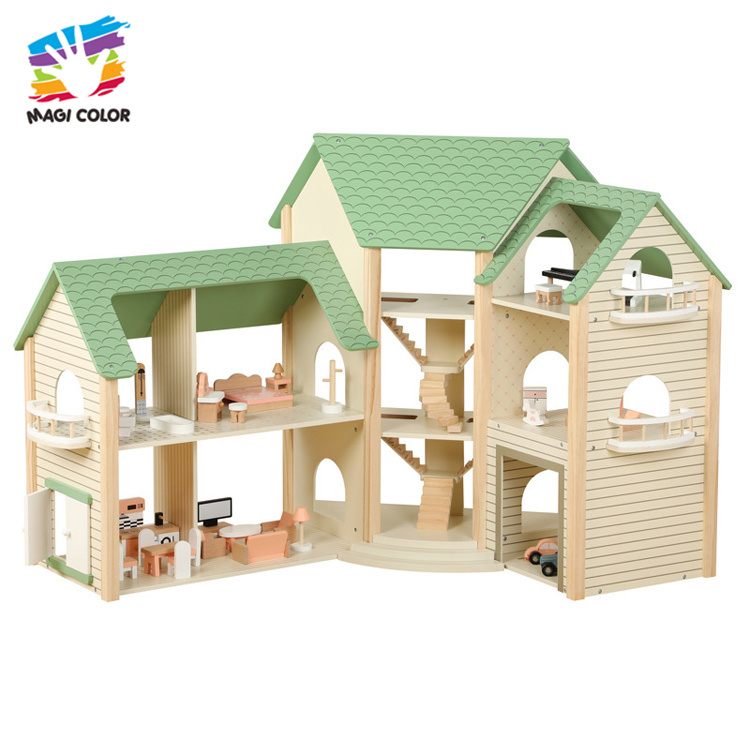 Wooden Multi-Level Dollhouse with Furniture for Kids' Pretend Play