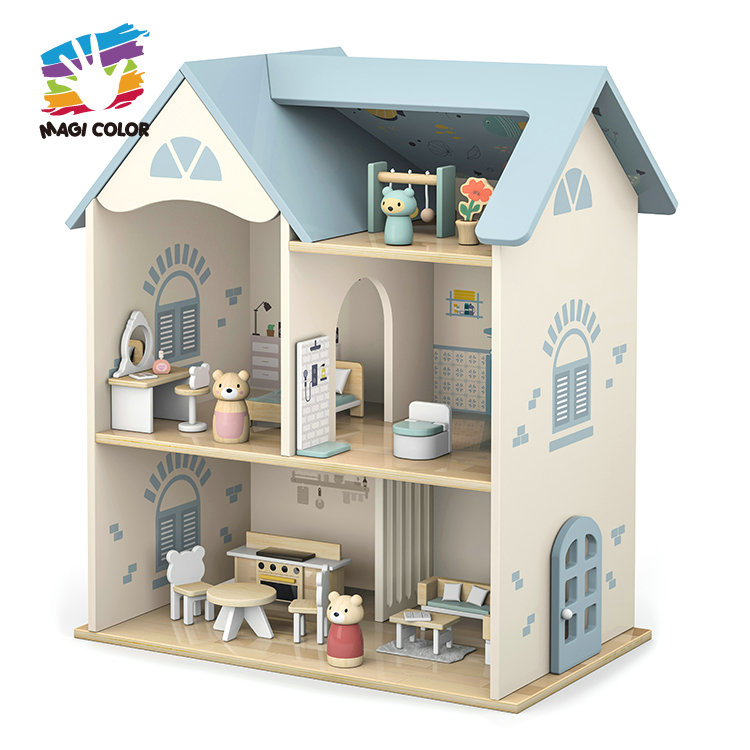 Magi Color Wooden Three - Tier Dollhouse with Mini Furniture & Animal Figures