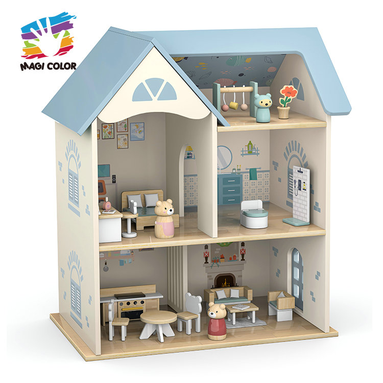 Magi Color Wooden Three - Tier Dollhouse with Mini Furniture & Animal Figures