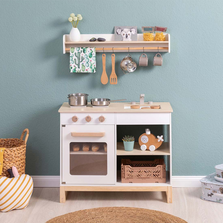 Kids Wooden Kitchen Set with Storage & Hanging Utensils