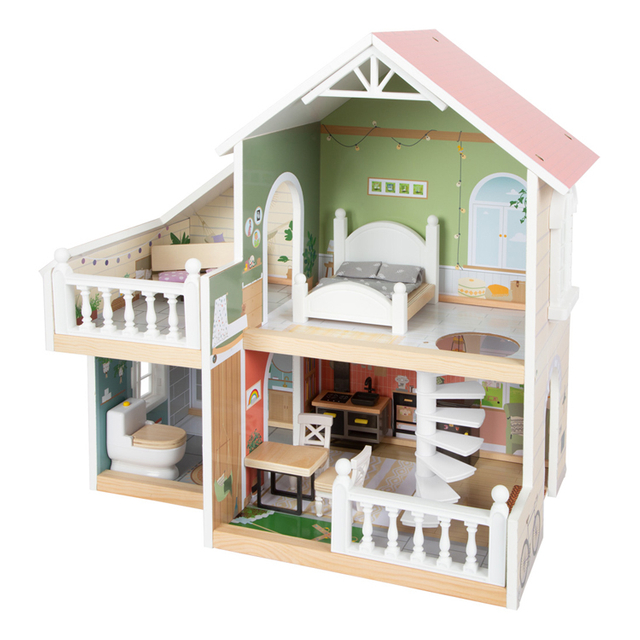Wooden Multi - Level Dollhouse with Mini Rooms and Furniture