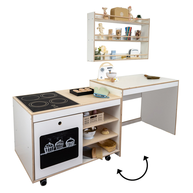 Wooden Convertible Kids Play Kitchen And Storage Rack, Dining Table 