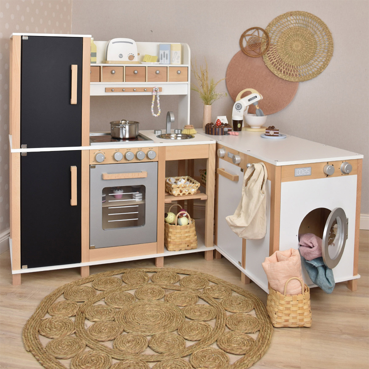Large Wooden Kids Play Kitchen Set with Laundry Appliance and Chalkboard Refrigerator