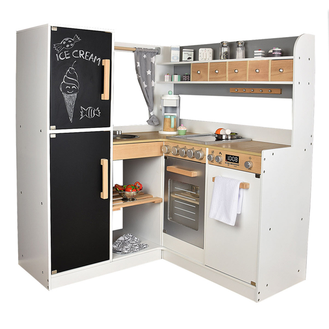  Wooden L-Shaped Kids Play Kitchen Set with Chalkboard Refrigerator