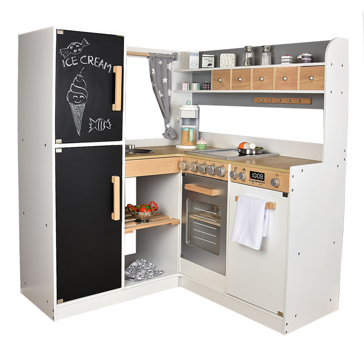  Wooden L-Shaped Kids Play Kitchen Set with Chalkboard Refrigerator
