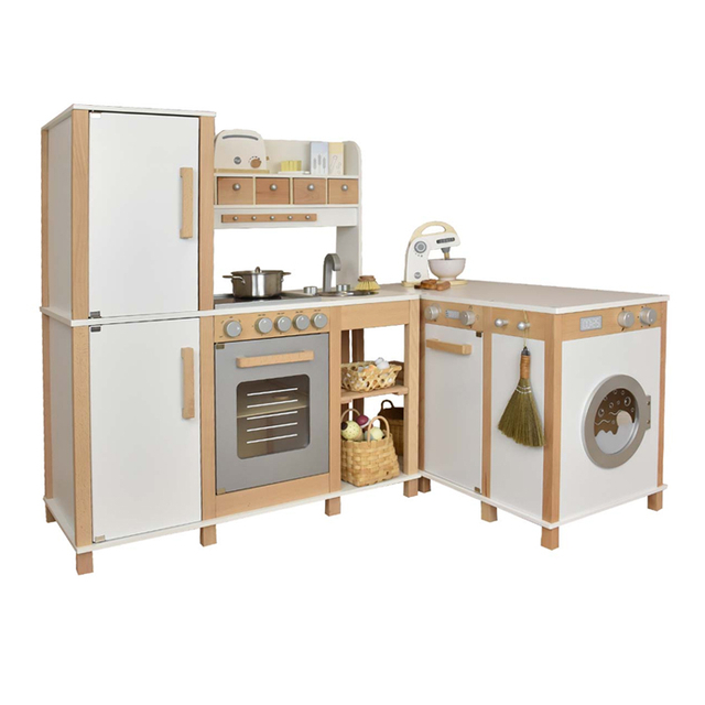 Large Wooden Kids Play Kitchen Set with Laundry Appliance and Storage