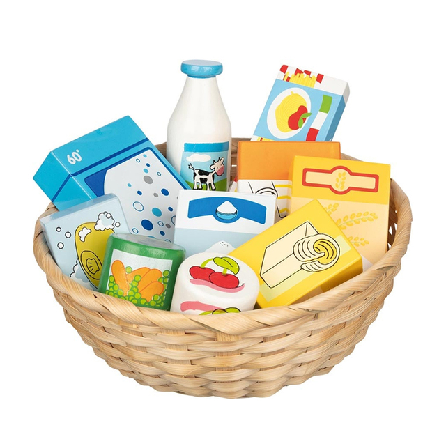 Wooden Play Food Set in Woven Basket