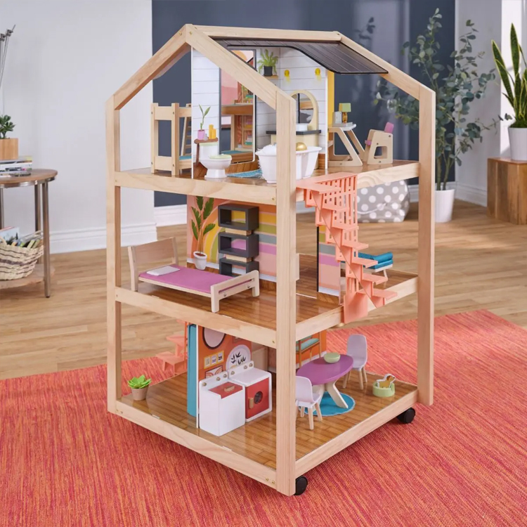 Removable Wooden Three - Story Dollhouse with Furniture