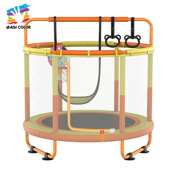 Kids Indoor Trampoline with Safety Net, Basketball Hoop & Gym Rings