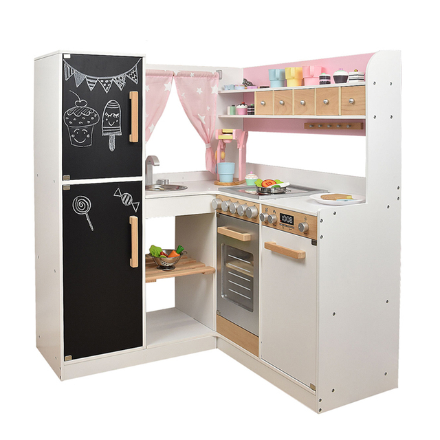 Pink Wooden L-Shaped Kids Play Kitchen Set with Chalkboard