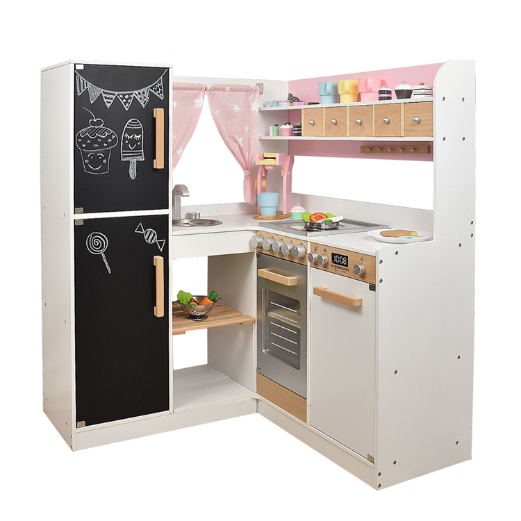Pink Wooden L-Shaped Kids Play Kitchen Set with Chalkboard