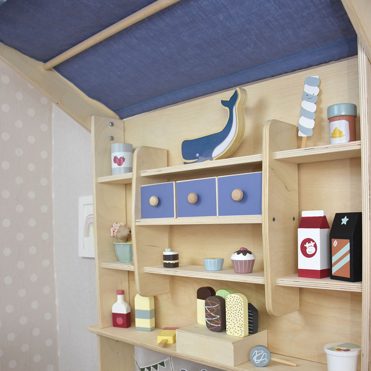 Wooden Kids Pretend Play Shop Set with Canopy and Play Food