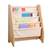 Wooden Kids Book Rack with Fabric Pockets