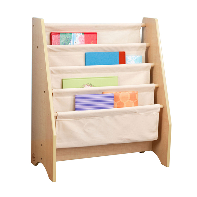 Wooden Kids Book Rack with Fabric Pockets