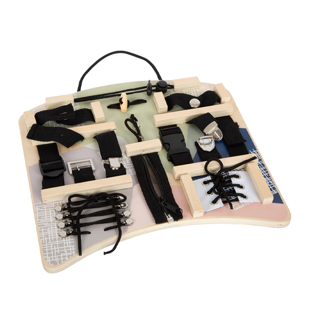 Wooden Busy Board with Buckles, Zippers and Laces