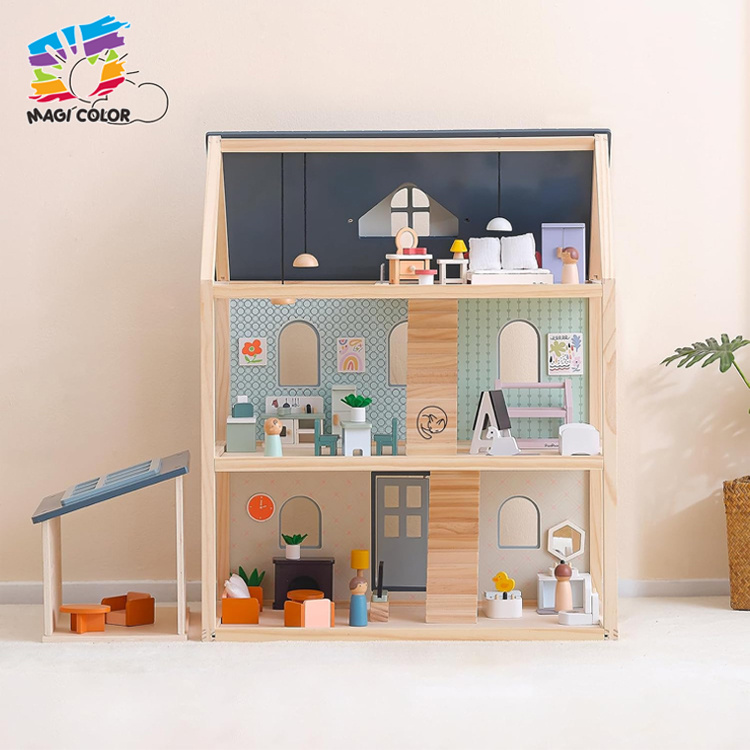 Wooden 3-Level Dollhouse with Furniture & Figures for Kids' Pretend Play