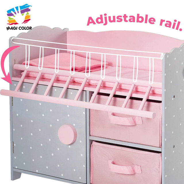 Kids Wooden Doll Bed Storage Unit with Adjustable Rail & Drawers