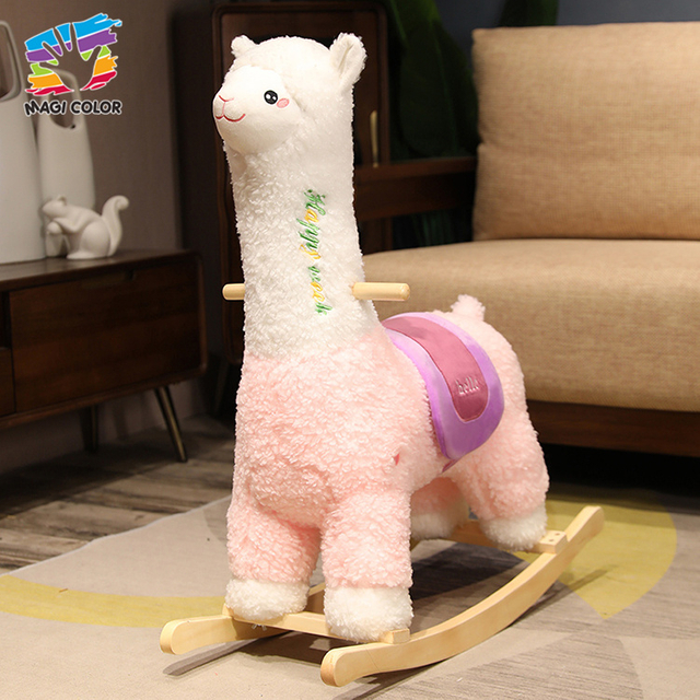 Pink & White Llama Plush Rocking Toy with Wooden Base for Kids