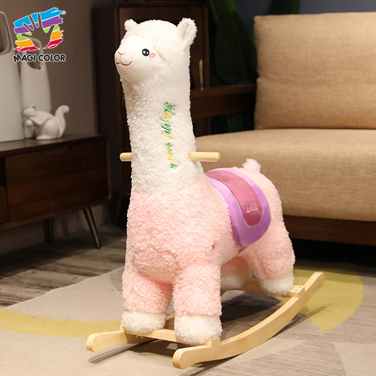 Pink & White Llama Plush Rocking Toy with Wooden Base for Kids